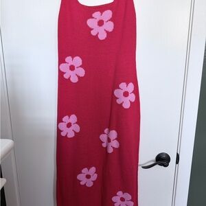 H&M Red maxi/midi Dress with Pink floral Accents